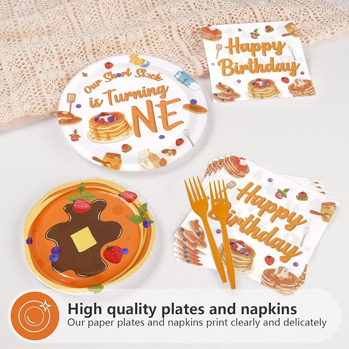 96Pcs Pancakes 1st Birthday Party Decorations Pancakes Plates and Napkins Our Short Stack is Turning One Tableware Set for Breakfast Brunch Supplies for Pancake 1st Birthday Party Supplies，Serves 24