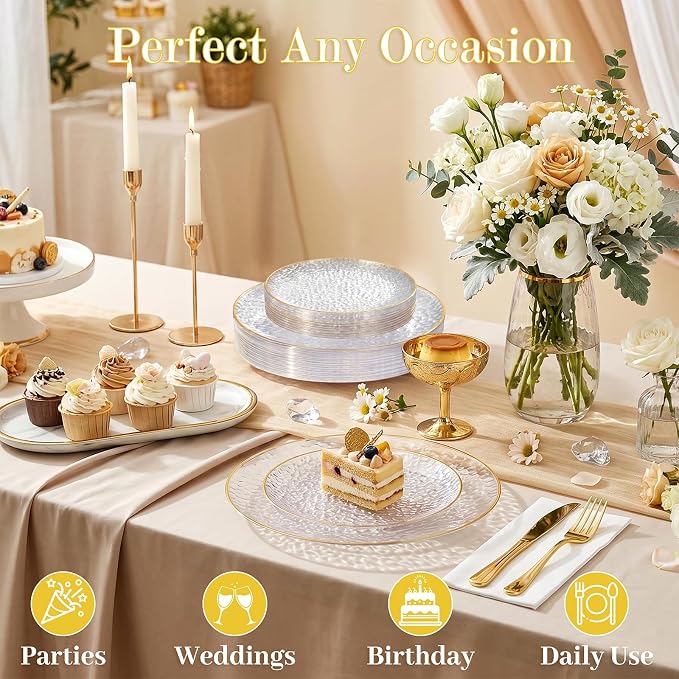 Rubtlamp 60Pcs Clear Plastic Plates,Clear Disposable Plates With Gold Rim,Heavy-duty Gold Plates,Hammered Party Plates Include 30Clear Dessert-Platos,30Dinner-Platos for Wedding, Party