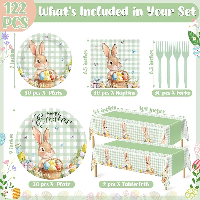 122 Pcs Easter Plates and Napkins Set, Disposable Bunny Eggs Dinnerware Easter Decorations, Sage Green Paper Plates, Napkins, Fork and Tablecloth for Spring Celebrations Party Favors, Serve 30 Guests