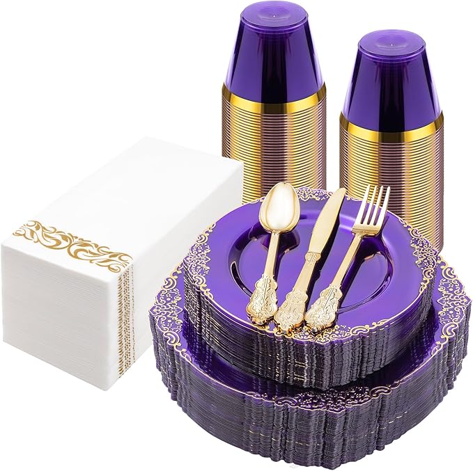 Bestluck 175PCS Clear Purple Plastic Plates for 25 Guests, Disposable Plates with Gold Trim include 25 Dinner Plates, 25 Dessert Plates, 75 Gold Silverware, 25 Cups, 25 Napkins for Party, Wedding