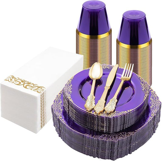 Bestluck 175PCS Clear Purple Plastic Plates for 25 Guests, Disposable Plates with Gold Trim include 25 Dinner Plates, 25 Dessert Plates, 75 Gold Silverware, 25 Cups, 25 Napkins for Party, Wedding