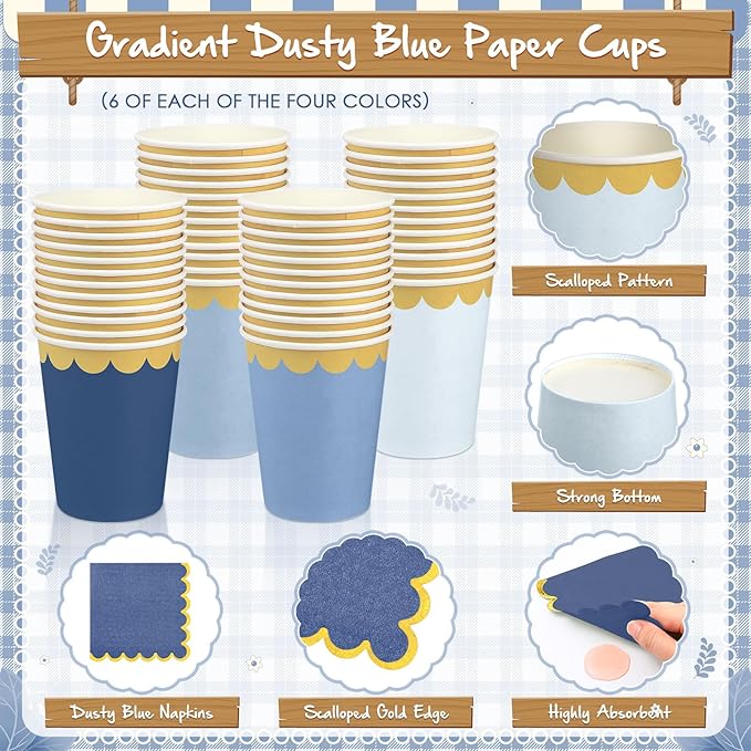 Mimorou 169 Pcs Dusty Blue Plates and Napkins Party Supplies for Guests Blue Tableware Include Scalloped Plates Paper Napkin Cup Spoon Fork Knife for Baby Shower, Wedding, Birthday
