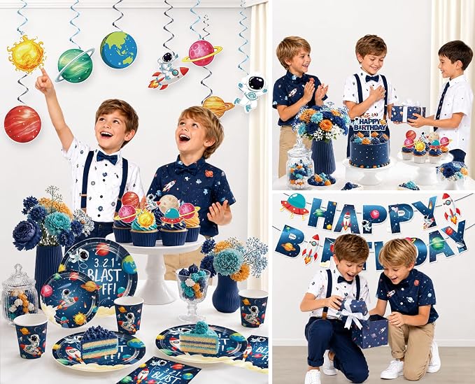 213pcs Space Themed Party Decorations, Serves 25 People, Complete Paper Set Includes No-DIY Banner 350gsm Plates Latex Balloons and Waterproof Tablecloths