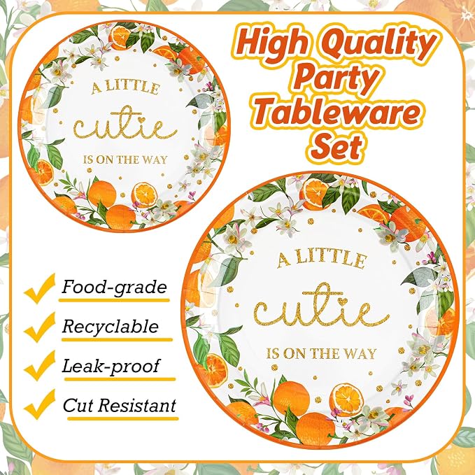 350 Pcs Little Cutie Baby Shower Decorations a Little Cutie Is on The Way Tableware Set, Plates Napkins Cups Dessert Forks Disposable Supplies for 50 Guests, Cute Orange Party Decoration