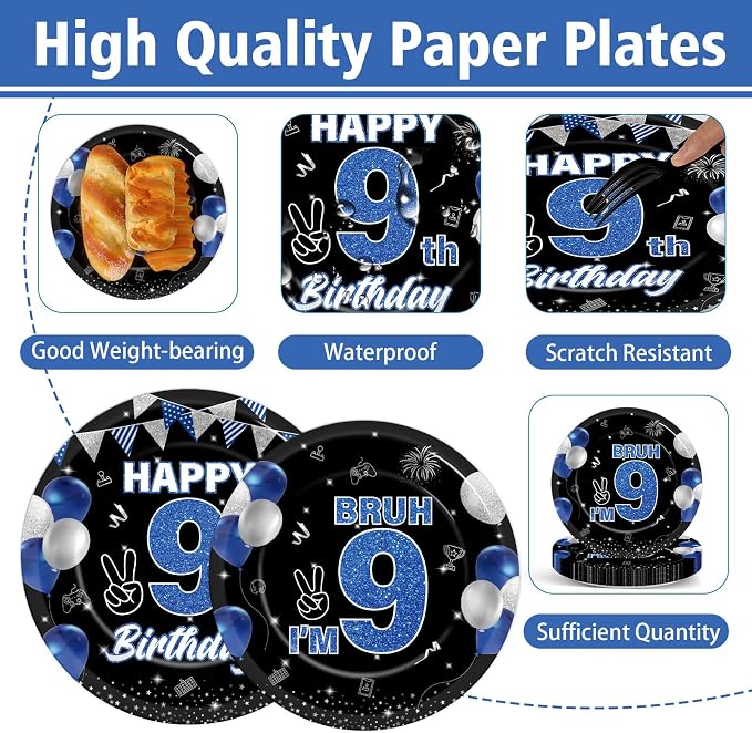 96PCS 9th Birthday Party Supplies Blue and Black 9th Birthday Plates and Napkins Black Blue Bruh I’m 9 Tableware Dinnerware Video Game Theme Decorations for Boys Party Favors Serves 24
