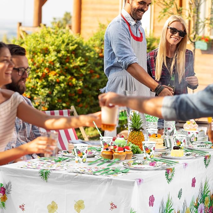 Funnymoom 452 Pcs Hawaiian Luau Party Decoration for 50, Tropical Aloha Paper Plate Napkin Cup Tablecloth Cutlery Palm Leaf Hibiscus Disposable Tableware for Summer Beach Floral Birthday Party Supply