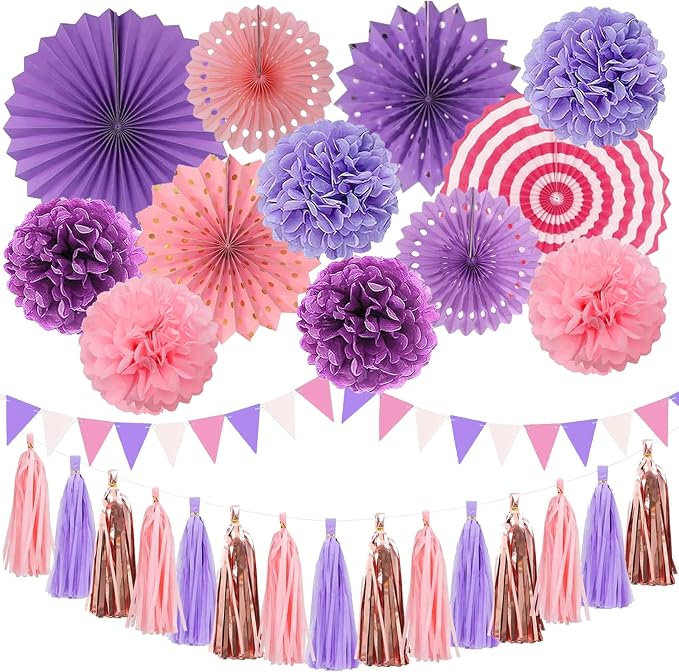 Purple Party Decorations Set Neon Colored Pink and Purple Birthday Party Hanging Paper Fan Tissue Pom Poms Streamers Summer Party Supplies Tassel Garland Banner