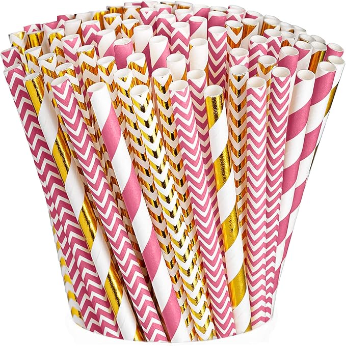 Comfy Package [200 Pack] Hot Pink & Gold Paper Straws Disposable, 100% Biodegradable Multi-Pattern Party Straws For Birthday, Wedding and Holiday Decoration