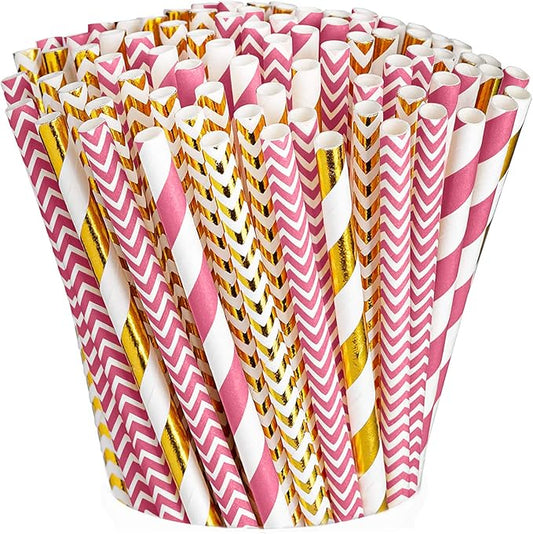Comfy Package [200 Pack] Hot Pink & Gold Paper Straws Disposable, 100% Biodegradable Multi-Pattern Party Straws For Birthday, Wedding and Holiday Decoration