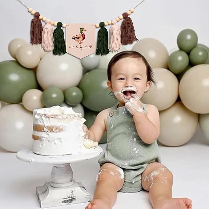 Gostman One Luck Duck High Chair Banner | Mallard Duck Hunting First Birthday Party Supplies,Mallard Duck Sign First Birthday Highchair Banner