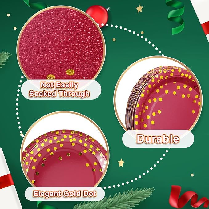 Tegeme 256 Pcs Maroon and Gold Dot Party Supplies Serve 36 Guest Burgundy Red Paper Plates Napkin Tablecloth Disposable Dinnerware Plastic Fork Knives Cup for Birthday Baby Shower Wedding Decoration