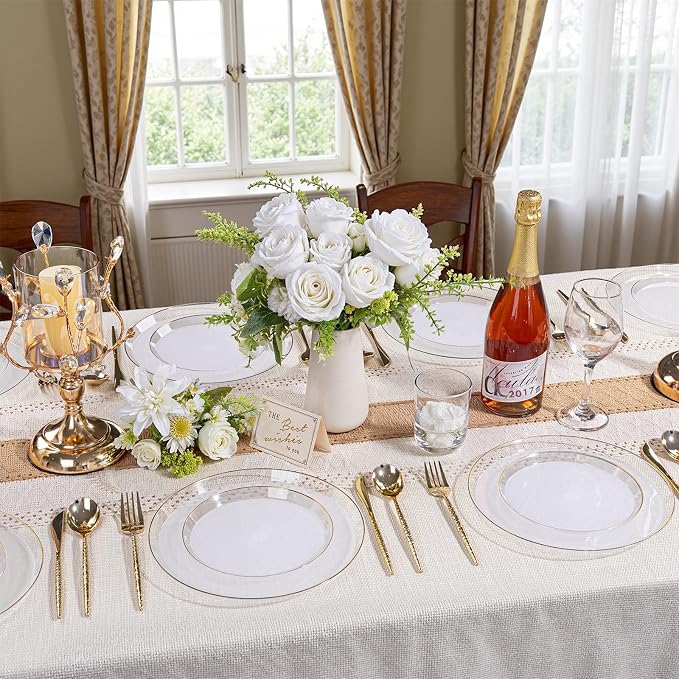DaYammi 60Pcs Clear Gold Plastic Plates - Disposable Party Plates, Gold Plates Disposable Include 30 Dinner Plate 10inch,30 Dessert Plate 7inch,Frosted Bottom Plastic plates for Party,Wedding,Holiday
