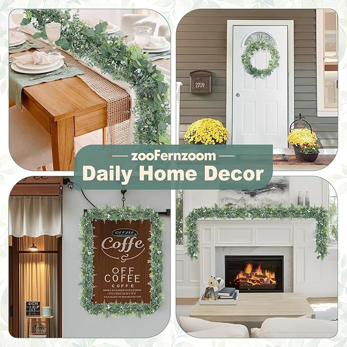 Eucalyptus Garland for Table, 6ft Faux Eucalyptus Garland with White Flowers & Seeds, 2pcs Artificial Eucalyptus Greenery Vines for Wedding Party Table Runner Backdrop Arch Mantle Handmade Wreaths