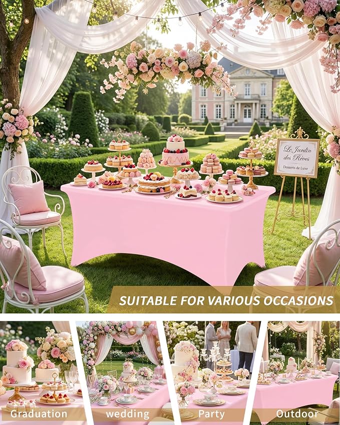 Fixwal 3 Pack Pink Tablecloth Rectangle 8Ft, Stretch Spandex Fitted Table Cover for Party, Trade Show, Wedding, Buffet, Graduation, Vendor Stand