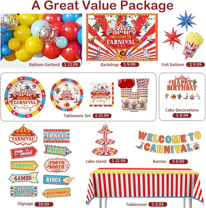 Cocomigo 302 PCS Circus Theme Party Decorations, All-in-One Carnival Theme Party Decorations Set with 25pcs Plates, Napkins, Tablecloths, Banner, Balloon Arch Circus Party Decorations for Girl & Boy