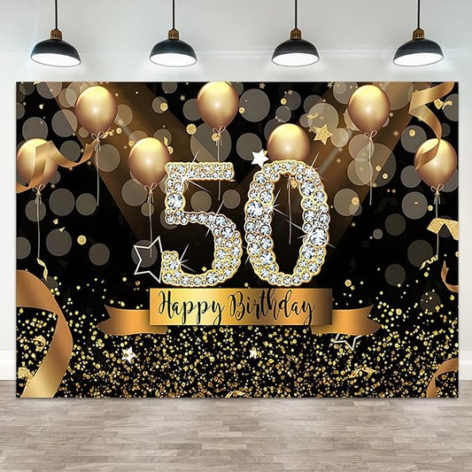 5x3ft Happy 50th Birthday Backdrop Golden Balloon Theme Photography Background Glitter Crystal Diamond Men Women 50 Years Old Birthdays Party Banner Decorations Gold Dots Photo Booth Prop