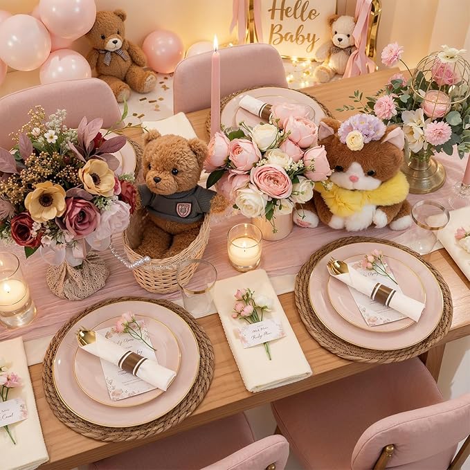 KIRE 350 PCS Pink Plastic Plates - Pink and Gold Disposable Dinnerware 50 Guest Include 50 Dinner Plate - 50Dessert Plate - 50Pre Rolled Napkins with Silverware for Mother's Day/Wedding/Baby Shower