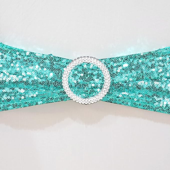 Sequin Chair Sashes Spandex, Pack of 50 Sequin Stretch with Buckle Chair Bands for Wedding Banquet Birthday Graduation Party Anniversary Prom Celebration Chair Decorations (Aqua, 50pcs)