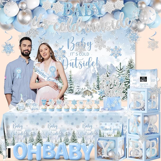 Baby It’s Cold Outside Baby Shower Decorations, Blue Winter Baby Shower Decorations for Boy Winter Woodland Tablecloth Banner Backdrop Balloon Box Cupcake Topper Hanging Swirl for Boy Gender Reveal