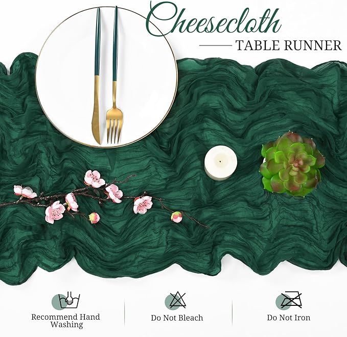 16 Pack Cheesecloth Table Runner 13Ft Boho Gauze Table Runner 35×157 Inch Rustic Romantic Long Table Runner for Wedding Party Bridal Shower Thanksgiving Christmas Decoration(Emerald Green)
