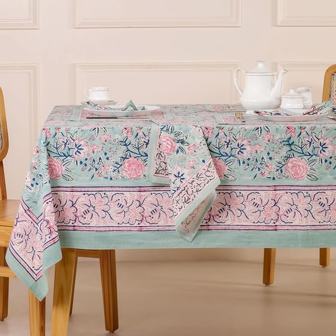 Hand Block Printed Tablecloth, Colorful Floral Print, Indian Artisan Handmade Art, Dining Room, Kitchen, Outdoor Décor, (Mint Green, 12 Seater 72 x 135 Inches Rectangle)