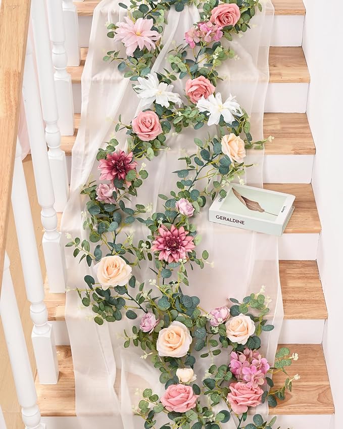 Waipfaru 2Pcs Artificial Flower Garland Decorations, 12.14Ft Eucalyptus Greenery Vines with Pink Roses for Wedding Table Runner Centerpieces Backdrop Room Decor (Pink)