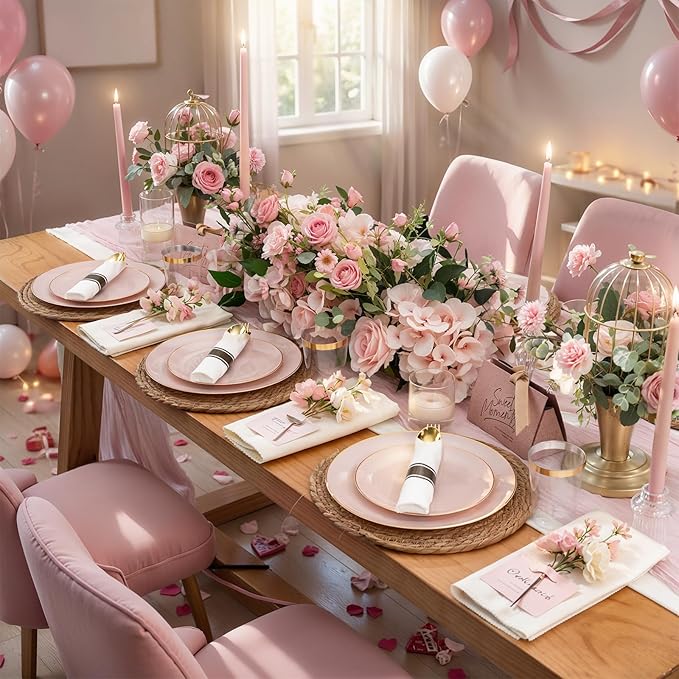 KIRE 350 PCS Pink Plastic Plates - Pink and Gold Disposable Dinnerware 50 Guest Include 50 Dinner Plate - 50Dessert Plate - 50Pre Rolled Napkins with Silverware for Mother's Day/Wedding/Baby Shower