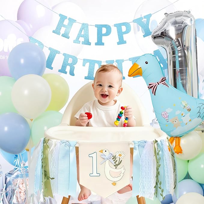 One Funny Goose High Chair Banner for Boys - Blue 1st Birthday Yarn Tassel Banner, Cute Goose Theme Decor for Boys' First Birthday Party