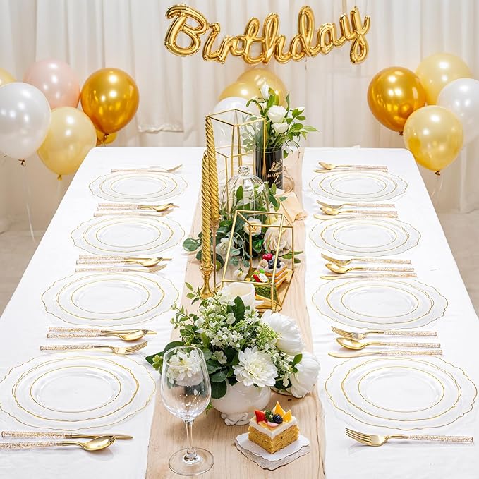 Liacere 150PCS Clear Gold Plastic Plates - Disposable Plastic Silverware with Glitter Bamboo Handle Cutlery-Baroque Clear Gold Disposable Plates for Wedding & Party & Mother's Day