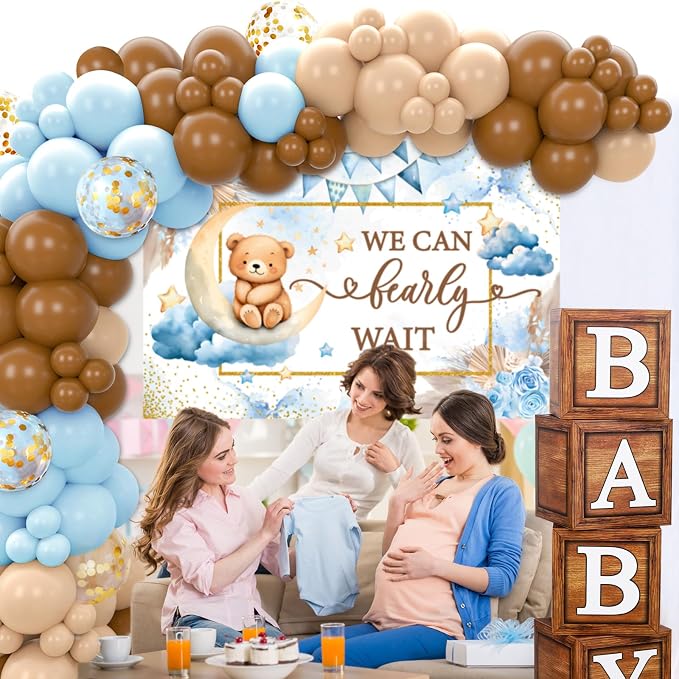 DataMoon We Can Bearly Wait Baby Shower Decorations - Baby Boxes with Letters,Boho Balloons,We Can Bearly Wait Backdrop for Teddy Bear Baby Shower,Birthday Supplies,Gender Reveal Party Supplies