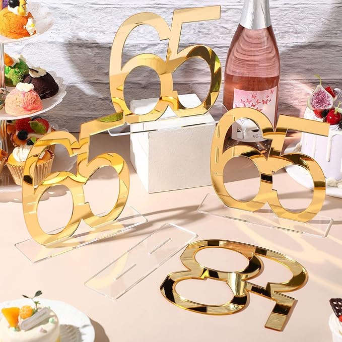Threehoney Mirror Gold 65th Birthday Decorations for Men and Women Acrylic Anniversary Decorations Table Numbers Centerpieces for Birthday Party
