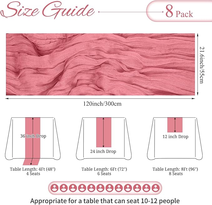 8 Pack Dusty Rose Cheesecloth Table Runner 10FT Boho Gauze Cheese Cloth Table Runner Rustic Sheer Fabric Table Runners for Wedding Bridal Shower Baby Shower Party(21.5×120 Inch)
