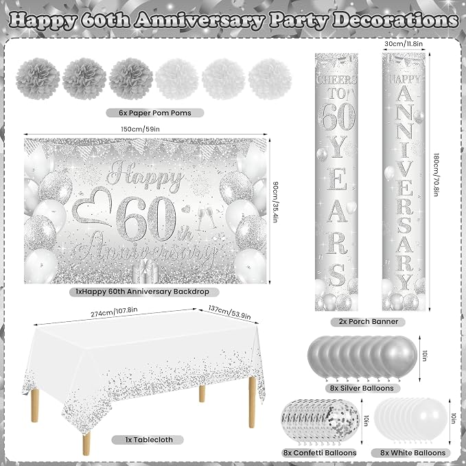 Silver Happy 60th Anniversary Decorations for Men Women, Silver 60th Wedding Anniversary Party Decorations Banner, Porch Banner, Tablecloth and Balloons Kit Party Supplies