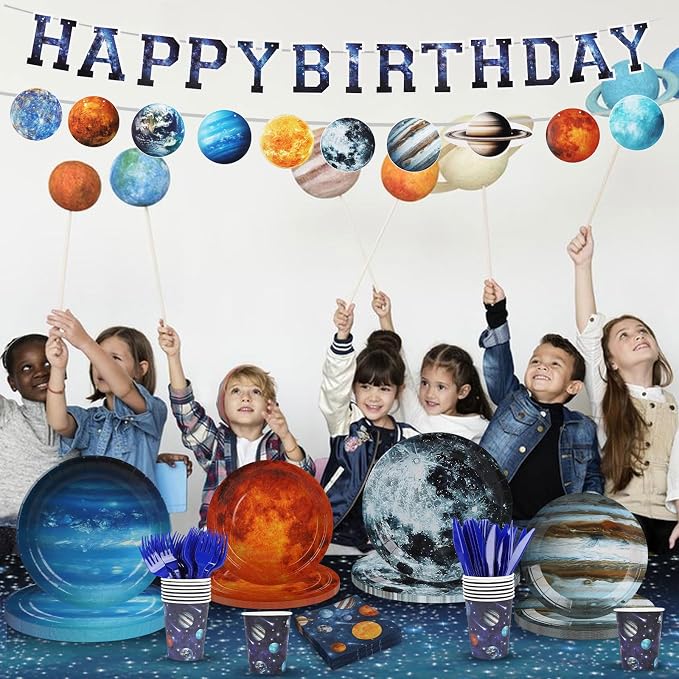 182pcs Outer Space Theme Birthday Party Supplies,Galaxy Planet Outer Space Paper Plates and Napkins Kit,for Solar System Planets Baby Shower Birthday Party Decorations,Serves 30