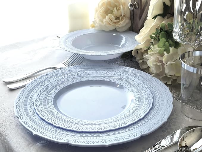 OCCASIONS 25 Guests Heavy Duty Disposable Plastic Plates Set – 25 Dinner Plates (11") & 25 Salad/Dessert Plates (8.25") – Fancy Party Plates for Weddings, Events, Baby Shower – Chateau Collection Blue