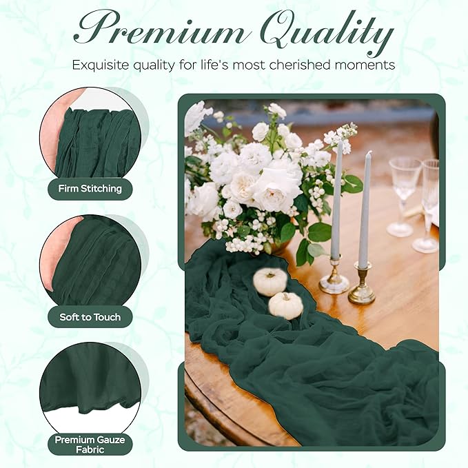 Cheesecloth Table Runner 8 Pack – 35x120 Inch (10ft) Boho Rustic Gauze Cloth Runners – Crinkle Polyester Table Decor for Wedding, Baby Shower, Bridal Shower, Birthday Party and More (Emerald Green)