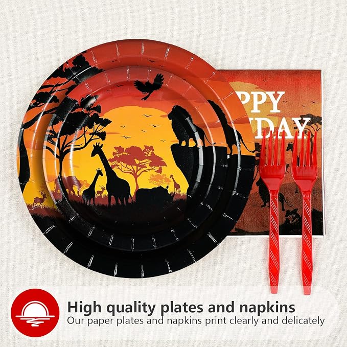 96Pcs African Safari Birthday Party Decorations Savanna Sunset View Plates and Napkins African Forest Jungle animals Scenic Tableware Set for Safari Theme Birthday Party Favors，Serves 24
