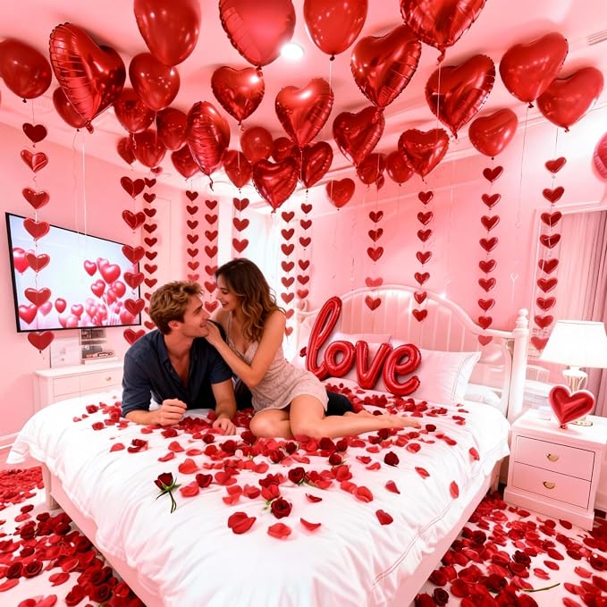 Valentine's Day Decorations Set – 1000 Rose Petals & 31 Red Heart Balloons Kit – Includes LOVE Foil Balloon & Premium Felt Heart Garland – Romantic Room Decor for Anniversary, Proposal, Wedding Night
