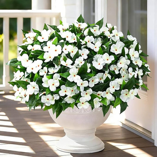 Livole 9 Bundles Artificial Flowers for Outdoors, Realistic Fake Outdoor Flowers Impatiens UV Resistant Artificial Outdoor Flower for Outside Faux Flower Plants for Porch Garden Home Decor, White