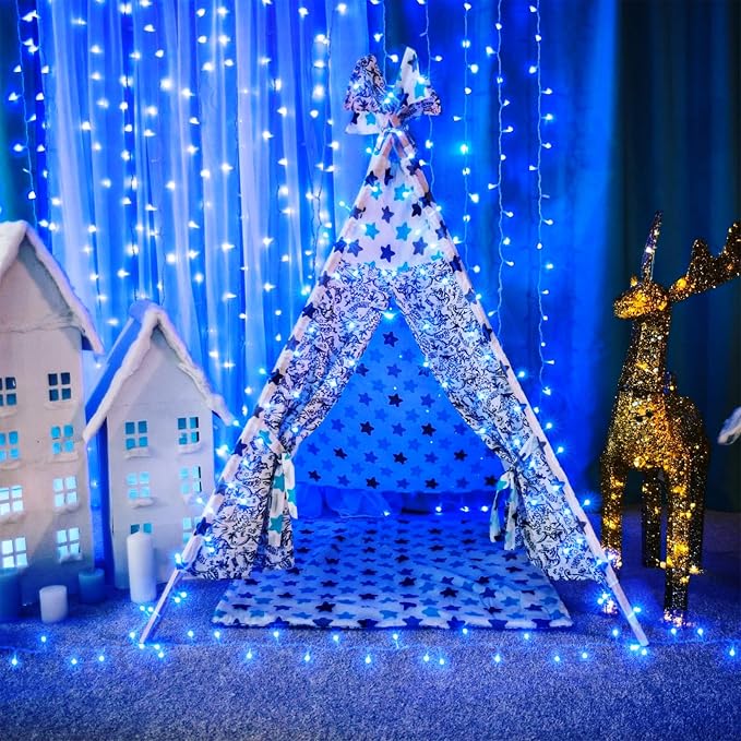 600 LED Blue Christmas Lights Outdoor, 197ft String Lights Indoor Waterproof, Clear Wire 8 Modes Plug in Twinkle Fairy Lights for Patio Yard House Christmas Tree Bedroom Decorations