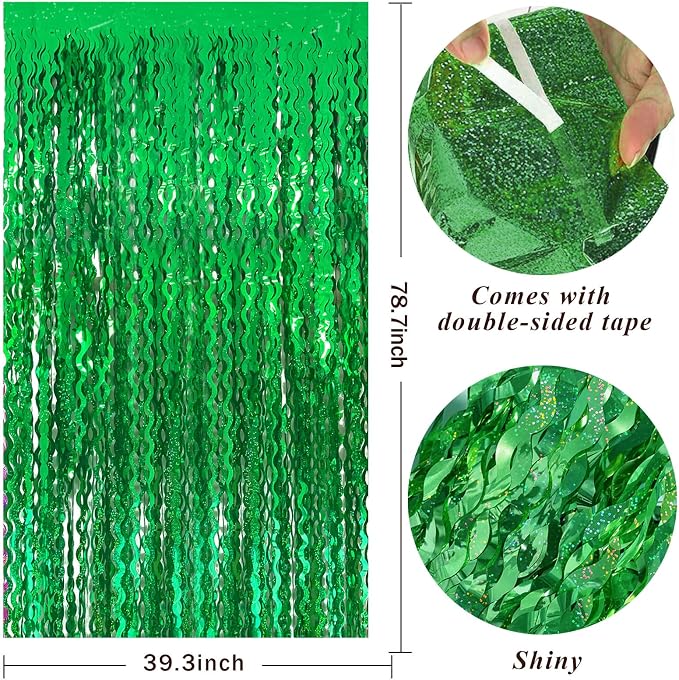Green Tinsel Foil Fringe Curtains Wavy Backdrop for Party Sparkle Metallic Wavy Streamers Photo Booth Props for Birthday Dinosaur Animal St Patrick's Day Football Christmas Party Decorations