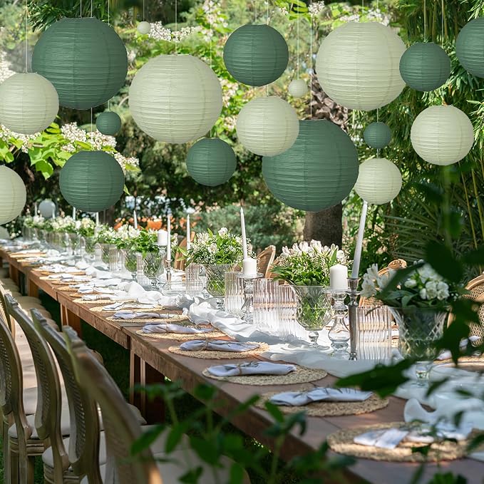 20Pcs Paper Lanterns Decorative, Hunter Green and Sage Green Round Hanging Paper Lanterns Decorations for Rustic Party Bridal Shower Wedding Birthday Home Decor