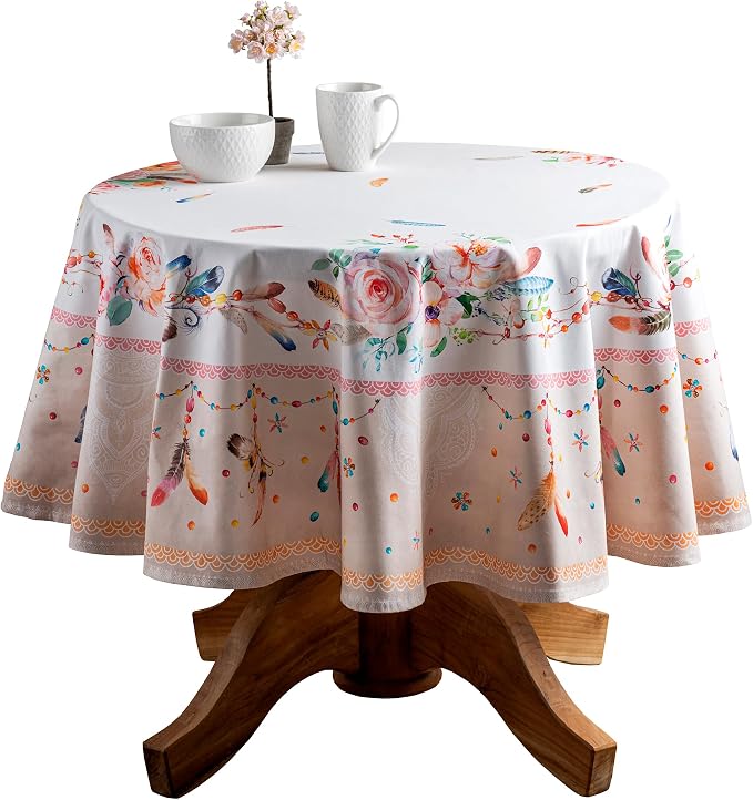 Maison d' Hermine Table Cloth Round Table 100% Cotton 69 Round Inches Tablecloth Reusable Decorative for Dining Kitchen Room Farmhouse Party Home Hotel Restaurant Spring Summer - Ibiza - Beige