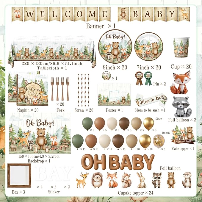 Woodland Baby Shower Decorations,273pcs Woodland Animals Baby Shower Plates and Napkin Sets Banner Backdrop Tablecloth Cake Topper Box Balloon Garland for Forest Birthday Decorations