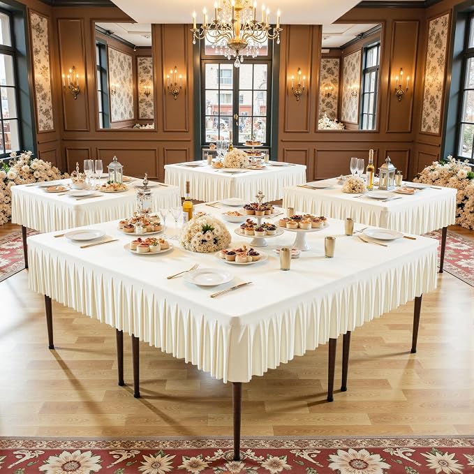 Shillance 48x48 Inch Ivory Spandex Square Tablecloth,Wrinkle Free Ivory Fitted Table Cloth for Square Tables,Washable Pleated Table Cover for Wedding Birthday Cocktail Party Buffet Dinner Camping
