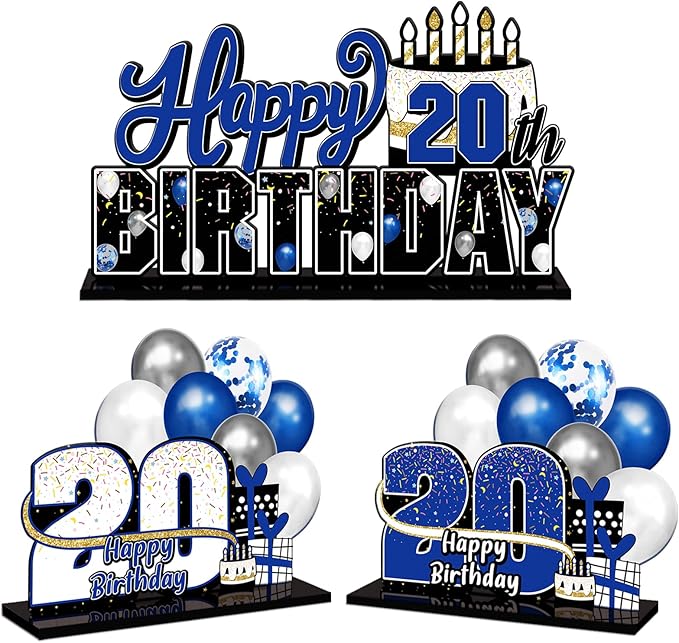 LINGTEER Happy 20th Birthday Blue Acrylic Table Topper Centerpieces Set - Cheers to Twenty Years Old Birthday 20th Bday Party Gift Decorations.