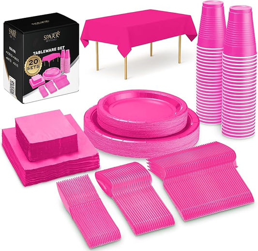 Bright Pink Party Supplies Set Paper Plates Plastic Cups Forks Knives Spoons Napkins Tablecloth Serves 20 Guests Disposable Dinnerware Set of 222 Pieces, Complete Tableware for Party -By SparkSettings