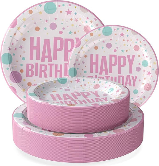 Exquisite Pink Birthday Paper Plates Disposable Heavy Duty 100 Pcs - 50-7" & 50-9" Pink Birthday Plates For Party Heavy Duty Paper Plate 350 GSM Party Supplies Plate Set