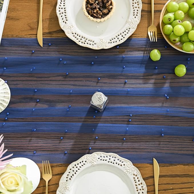 Artoid Mode Pearl Light Bule Gauze Table Runner 120 Inch, Seasonal Sheer Dining Holiday Wedding Birthday Baby Shower Table Decor for Home Party