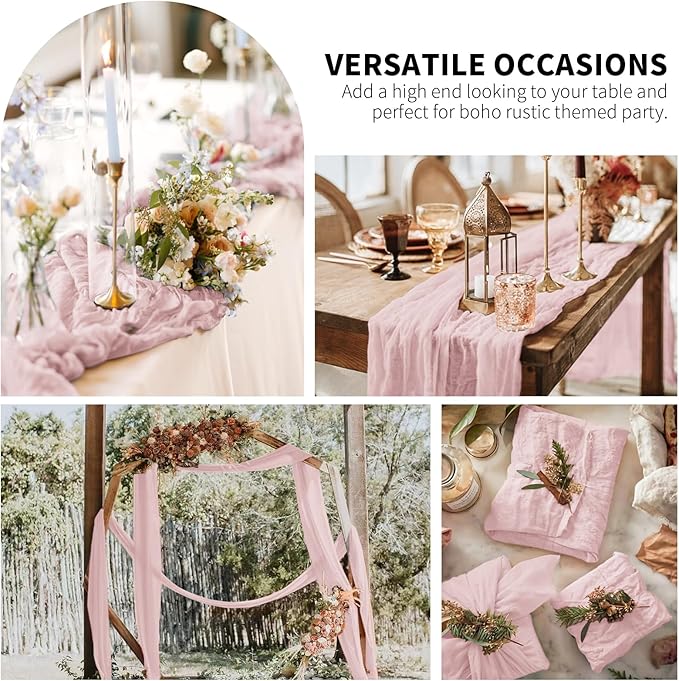 6 Pack Dusty Pink Cheesecloth Table Runner, Long Romantic Semi Sheer Rustic Boho Gauze Table Runners for Wedding Bridal Shower Birthday Party Decorations(17.7×108 Inch)